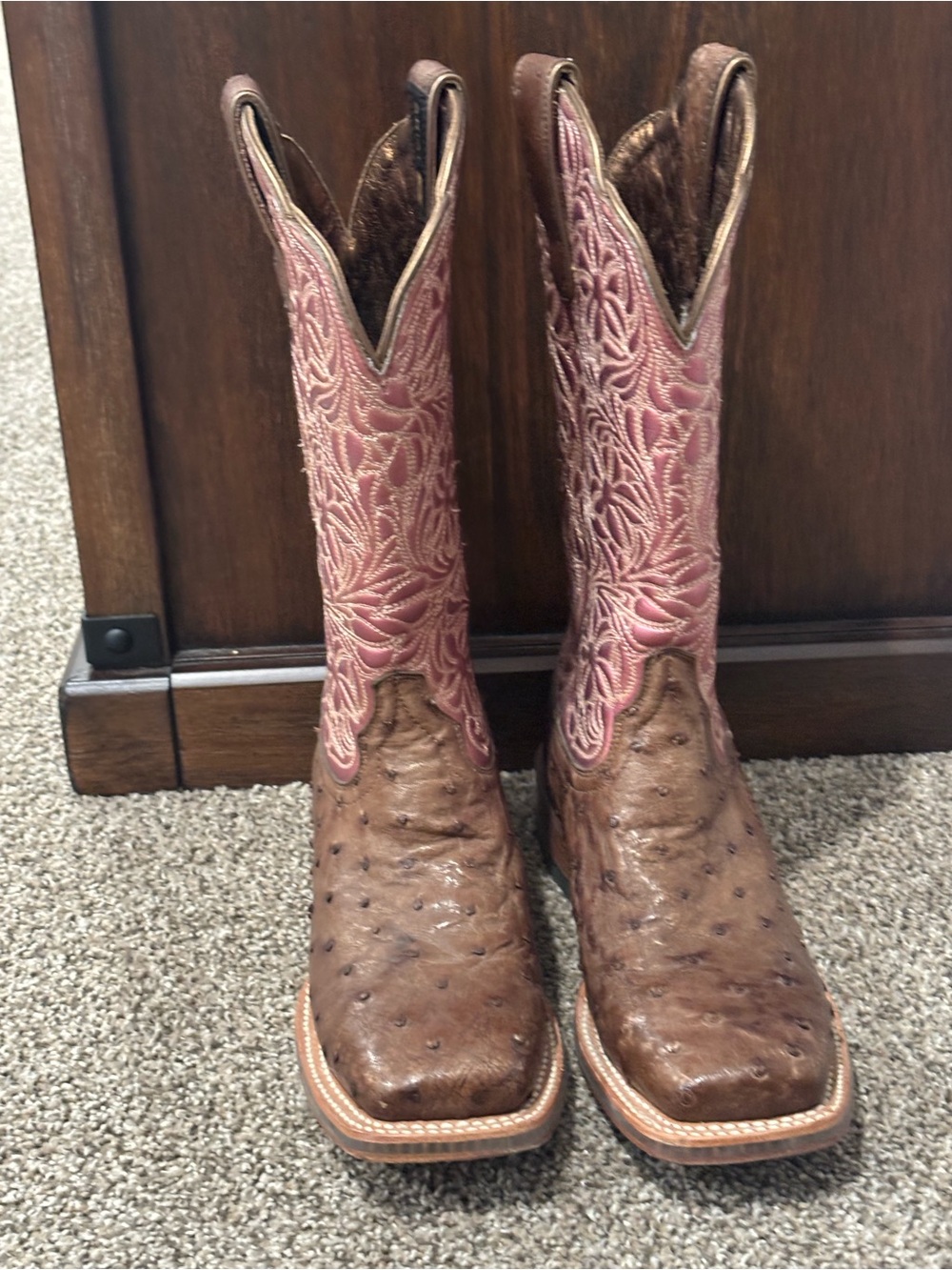 Ariat Brown Ostrich Foot Pink Embroidered Shaft Lace-Up Boots - Picture 2 of 3